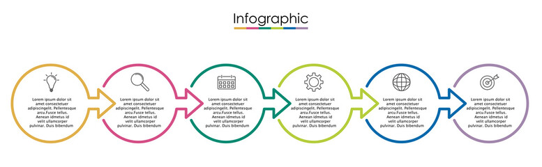 Vector infographic template with six steps or options. Illustration presentation with thin line elements icons.  Business concept graphic design can be used for web, paper brochure, diagram