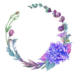 Round frame with hydrangea purple flowers drawn in watercolor for cards and design isolated on white background