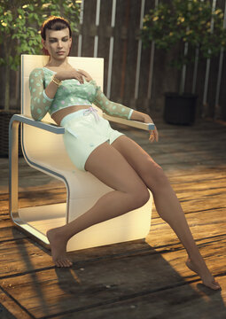 A 3d digital rendering of a tired woman sitting on a patio chair in the summer evening light.