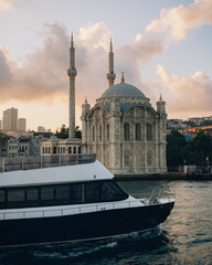 Fototapeta na wymiar Photo of the Ortaköy Mosque seen from the water in Istanbul Turkey