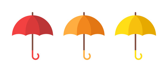 Flat umbrella. Set of yellow, red and orange matte umbrellas. Vector clipart isolated on white background.