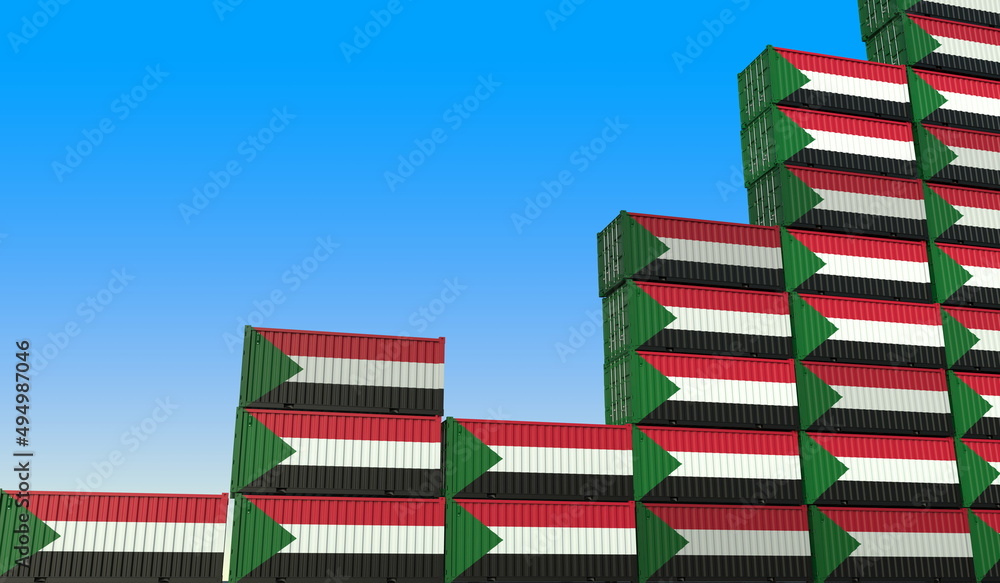 Poster cargo containers with flags of sudan making a rising graph. economic growth related 3d rendering