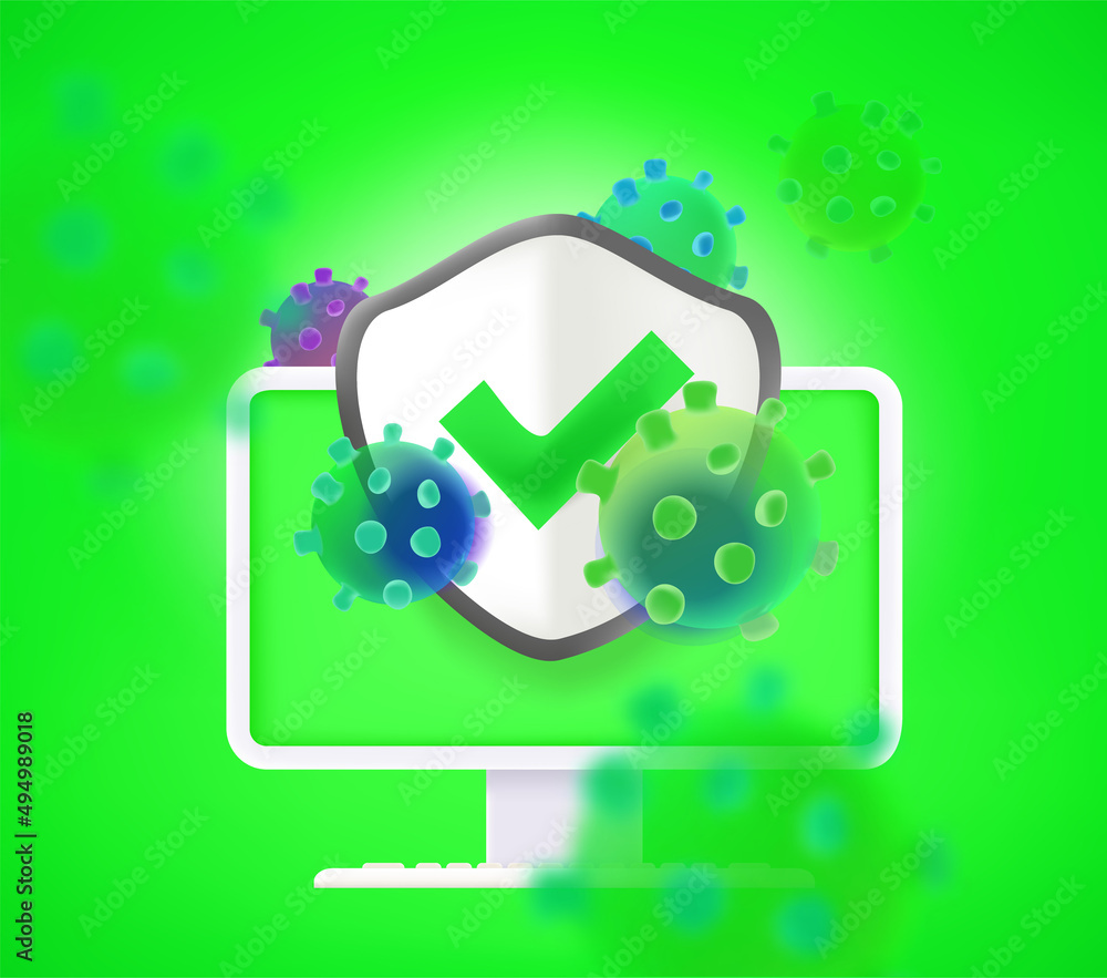 Aufkleber Internet protection from fraud and viruses. Modern computer monitor with shield on the screen. 3d vector illustration