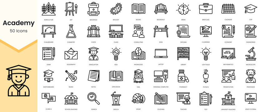 Set of Academy icons. Simple line art style icons pack. Vector illustration