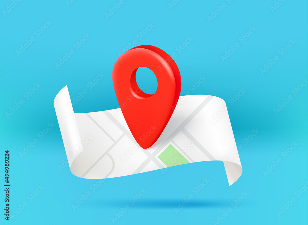 Poster paper map with pin. 3d vector illustration