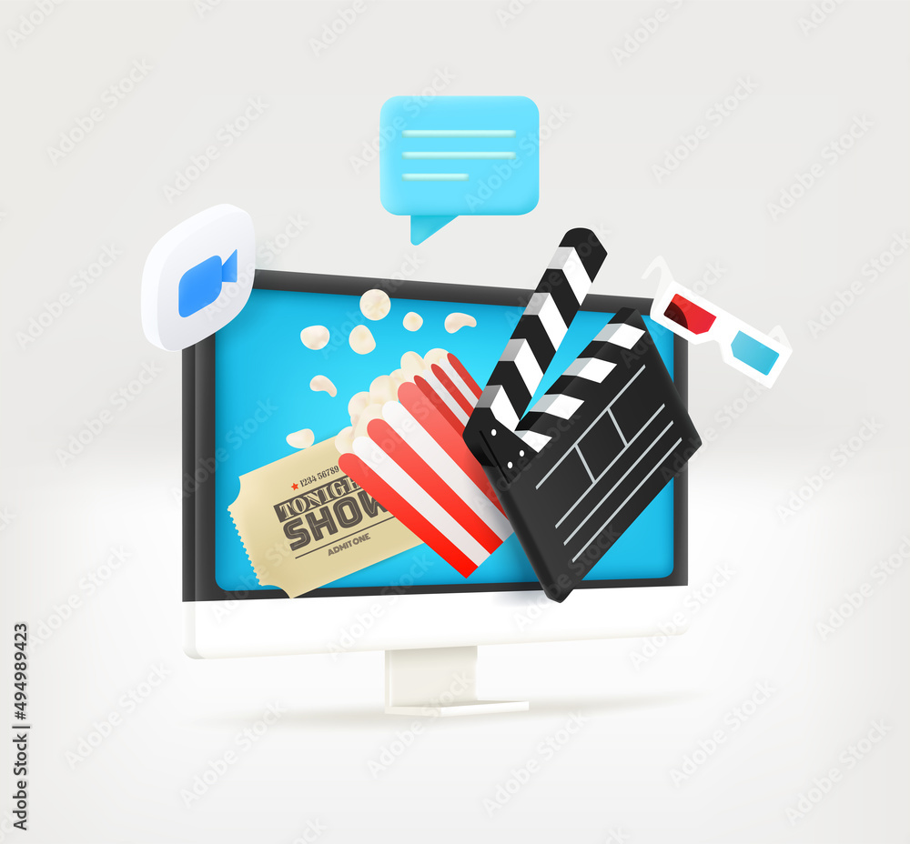 Poster Using modern computer for watching videos. Concept with clap, ticket, chat bubble and camera icon. 3d vector illustration