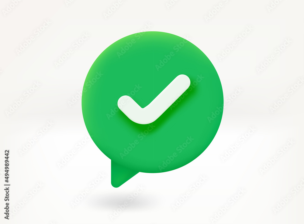 Poster Approve message concept. Speech bubble with checkmark. Bright lightbulb 3d vector icon