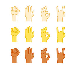 Different human races hand gestures comic style collection. Vector set