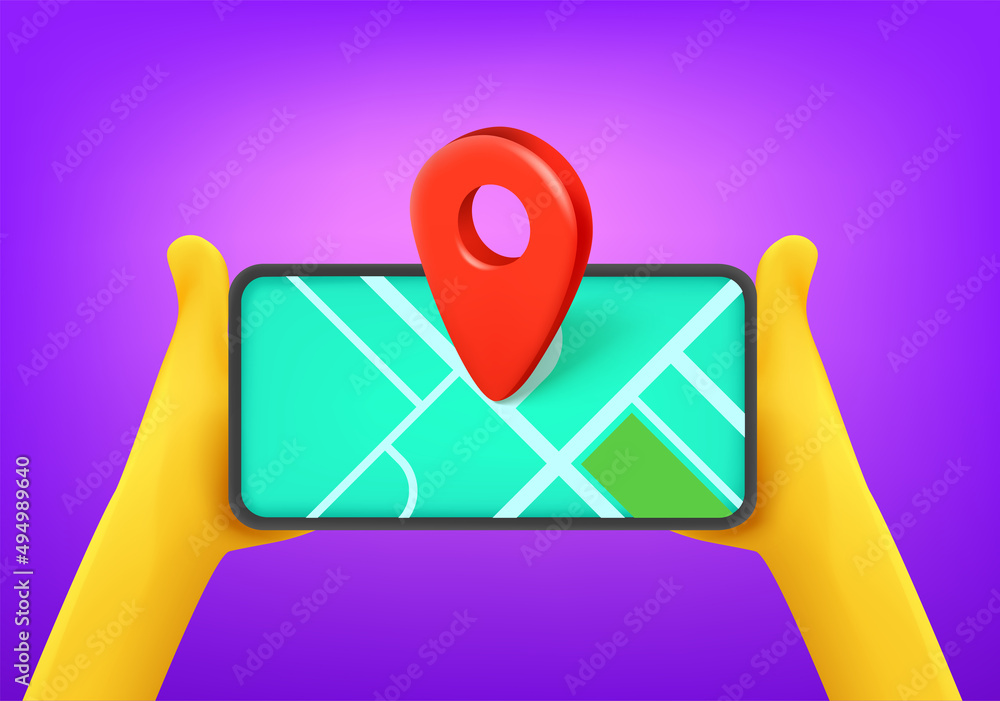 Poster Man holding mobile phone with gps application. 3d vector illustration