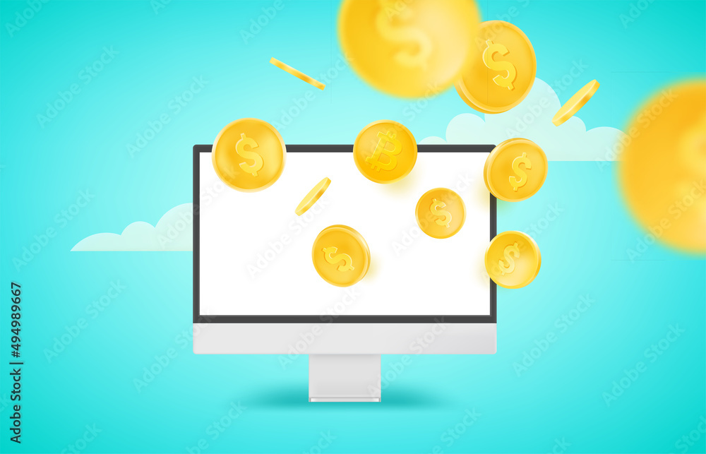 Aufkleber receiving income using computer technology. vector concept with gold coins
