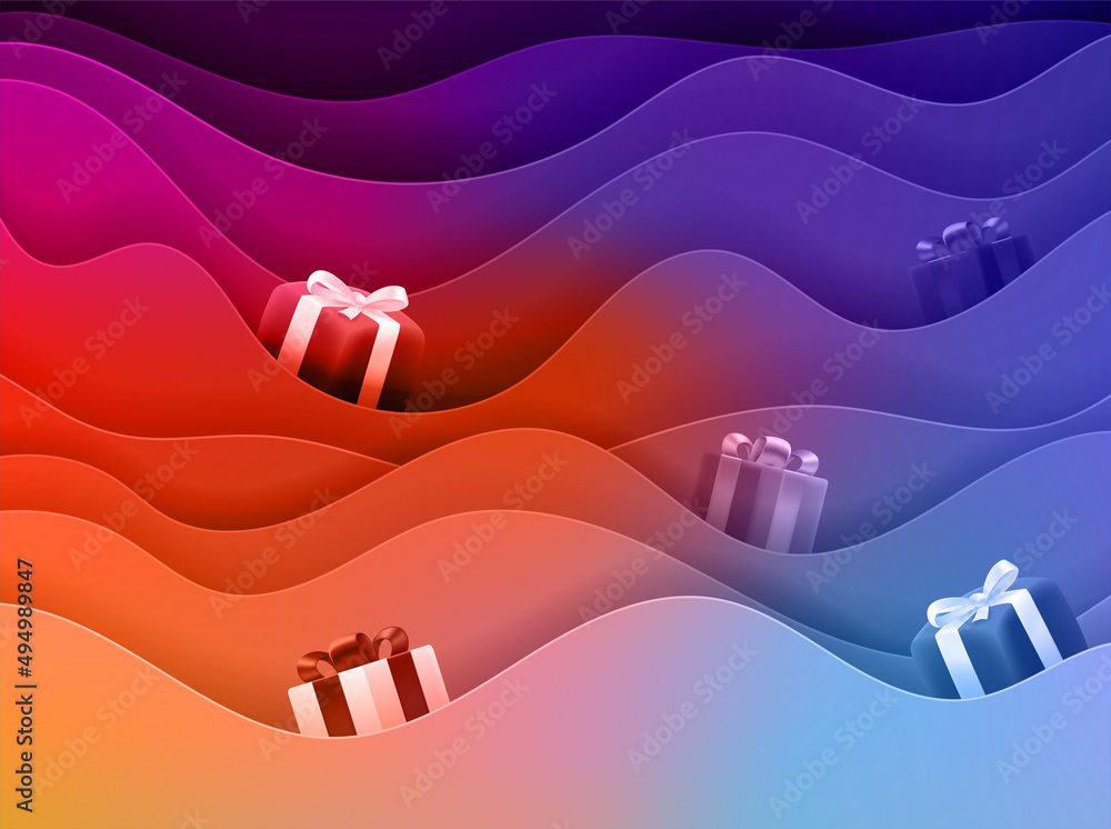 Aufkleber gift boxes on the waves. 3d vector colorful abstract background