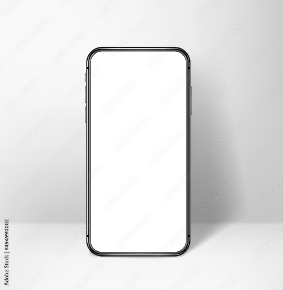 Poster modern mobile phone with blank screen standing on a table. 3d vector mockup