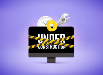 Modern computer monitor with UNDER CONSTRUCTION inscription on the screen. Error concept. 3d vector illustration