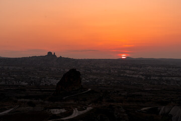Sunset at Cappadocia. Sunset view Cappadocia. Travel to Turkey background photo.