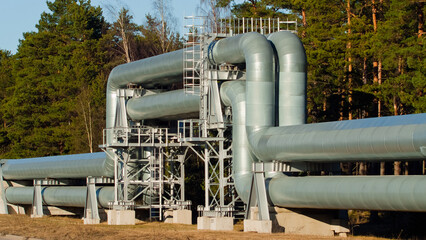 Naklejka premium pipeline, in the photo pipeline close-up against a background of green forest and blue sky.