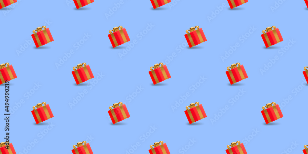 Poster Seamless background with red gift boxes with golden bow. 3d vector seamless pattern