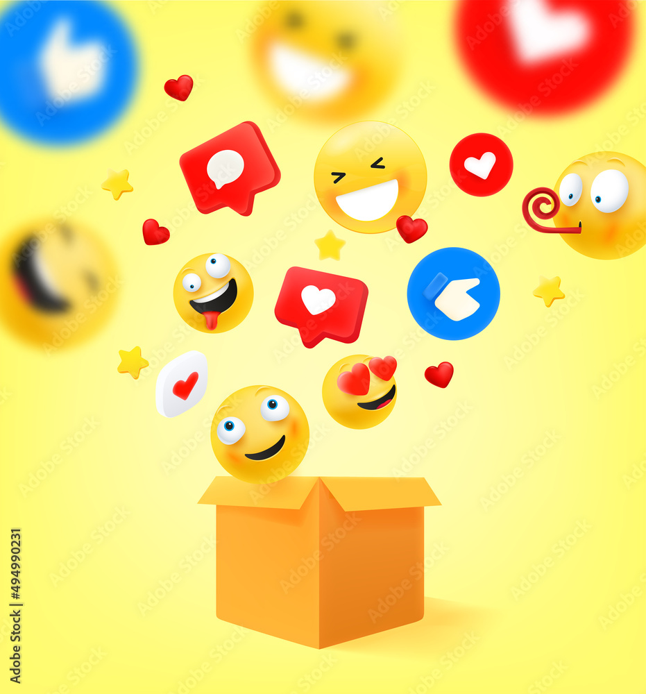 Poster open shipping box with flying icons. social network communication concept. 3d vector illustration