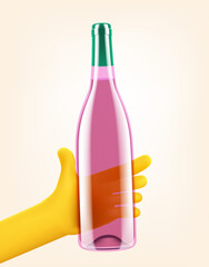 Man holding a full bottle of rose wine in a hand. 3d vector illustration