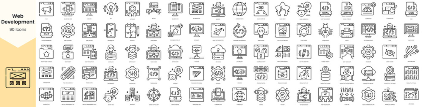 Set of web development icons. Simple line art style icons pack. Vector illustration