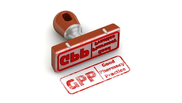 GPP - Good Pharmacy Practice. The stamp and an imprint. The rubber stamp leaves a red imprint GPP.Good Pharmacy Practice on a white surface. Footage video