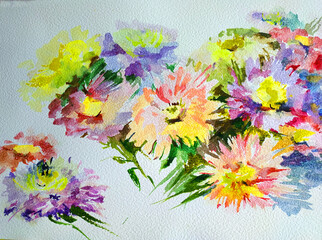 bstract bright colored decorative background . Floral pattern handmade . Beautiful tender romantic bouquet of aster flowers , made in the technique of watercolors from nature.