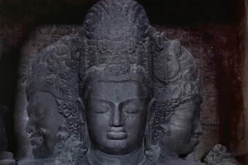 View of Trimurti in Elephanta caves near Mumbai, Maharashtra, India, Asia