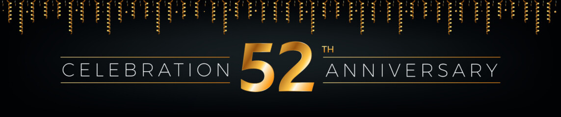 Fototapeta na wymiar 52th anniversary. Fifty-two years birthday celebration horizontal banner with bright golden color.