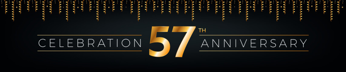 Fototapeta na wymiar 57th anniversary. Fifty-seven years birthday celebration horizontal banner with bright golden color.