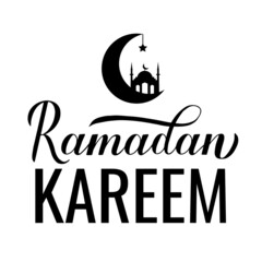 Ramadan Kareem calligraphy lettering isolated on white. Muslim holy month typography poster. Islamic traditional vector illustration. Vector template for banner, greeting card, flyer, etc