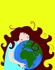 The girl hugs the globe. A woman with dark curly hair hugs the planet Earth. Nature and ecology. Environmental protection. Love for nature. Ecology.