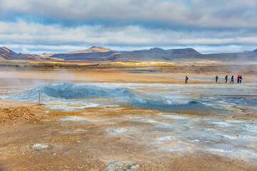 Fumarole field in Namafjall geothermal zone Iceland. Famous tourist attraction