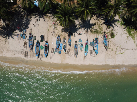 Aerial view of fishing boats in Thung Prang beach in Sichon District, Nakhon Si Thammarat, Thailand