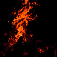 Fire flames on black background, Blaze fire flame texture background, Beautifully, the fire is burning, Fire flames with wood & cow dung