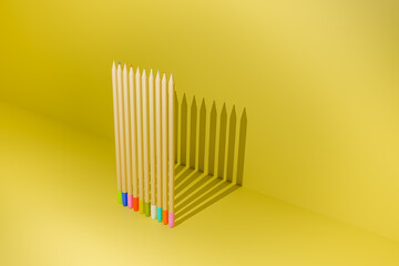 3d illustrations of colored pencils on yellow background