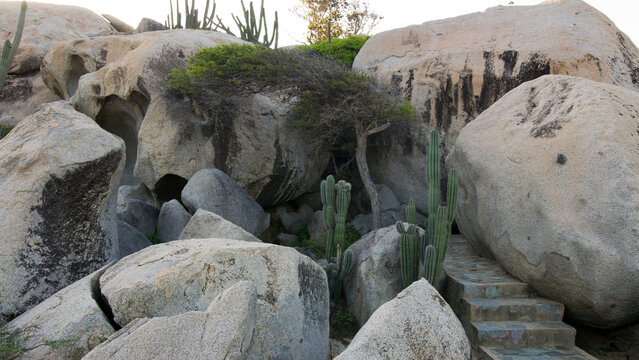Scenic view of the Ayo Rock Formations with stairs and vegetation in Aruba