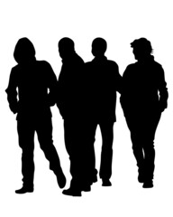 Young people in fashionable clothes on the street. Isolated silhouettes on white background