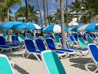 Lounge chairs on Coco Cay in the Bahamas.