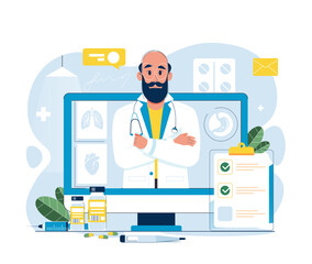 Online doctor appointment. Male doctor on the computer screen. Consultation, medicine, healthcare, care, online, conference concept. Male professor talking online with a patient vector illustration.