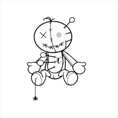 Horror kawaii coloring book page for kids and adults ,Voodoo doll teddy bear vector,  Halloween cursed doll coloring page