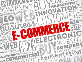 E-COMMERCE - activity of electronically buying or selling of products on online services or over the Internet, word cloud concept background