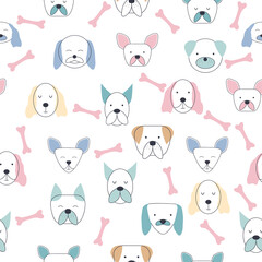 Seamless childish pattern with dog animal faces. Creative nursery background