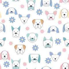 Seamless childish pattern with dog animal faces. Creative nursery background
