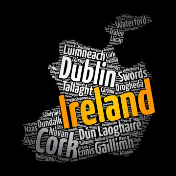 List of cities and towns in Ireland, map word cloud collage, business and travel concept background