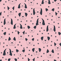Seamless baby pattern with dog animal muzzles. Monochrome on a colored background.