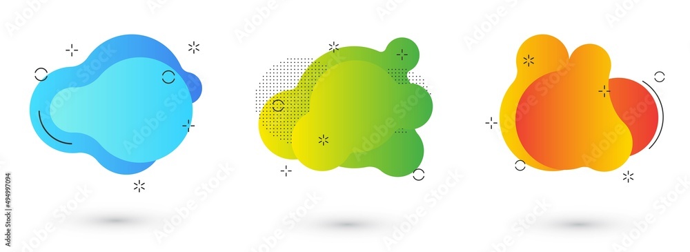 Poster set of isolated blue and red fluid blobs, gradient green and violet liquid spots.