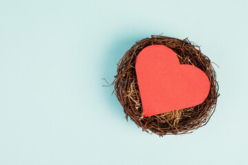 Red heart in a nest on a blue colored background, empty copy space for text, greeting card