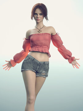 A 3d Digital Rendering Of A Young Woman With Cut Off Jean Shorts And A Pink Halter Top With A Simple Blue Background.