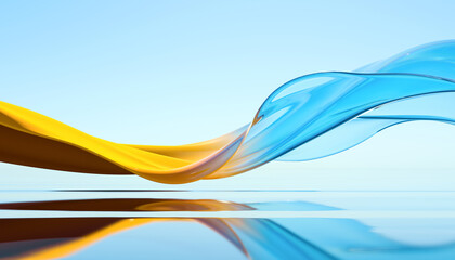 3d render abstract background in nature landscape. Transparent glossy glass ribbon on water. Yellow and blue colors curved wave in motion. Modern design element for banner background, wallpaper.
