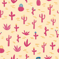 Obraz na płótnie Canvas Seamless patterns with different cacti. Bright repeating texture with pink cacti. Background with desert plants.
