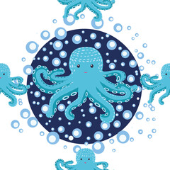 Seamless pattern with cute octopus, seaweed and pearl. Trendy nursery background